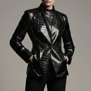 STYLEWE Black Croc-Embossed Patent Leather Blazer Jacket